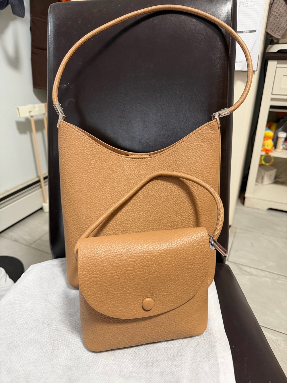 New! Tan Pebbled Leather Shoulder Bag with Matching Mini Crossbody